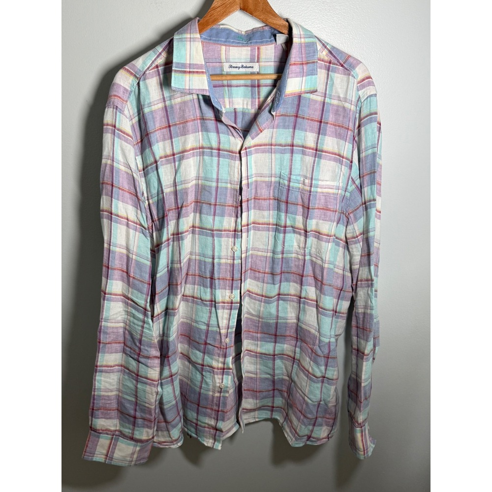Tommy Bahama Mens XL Linen Plaid Button Down Shirt Purple Turquoise Long Sleeve